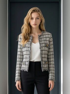 Women’s Tweed Fringe Collarless Jacket - Black & White